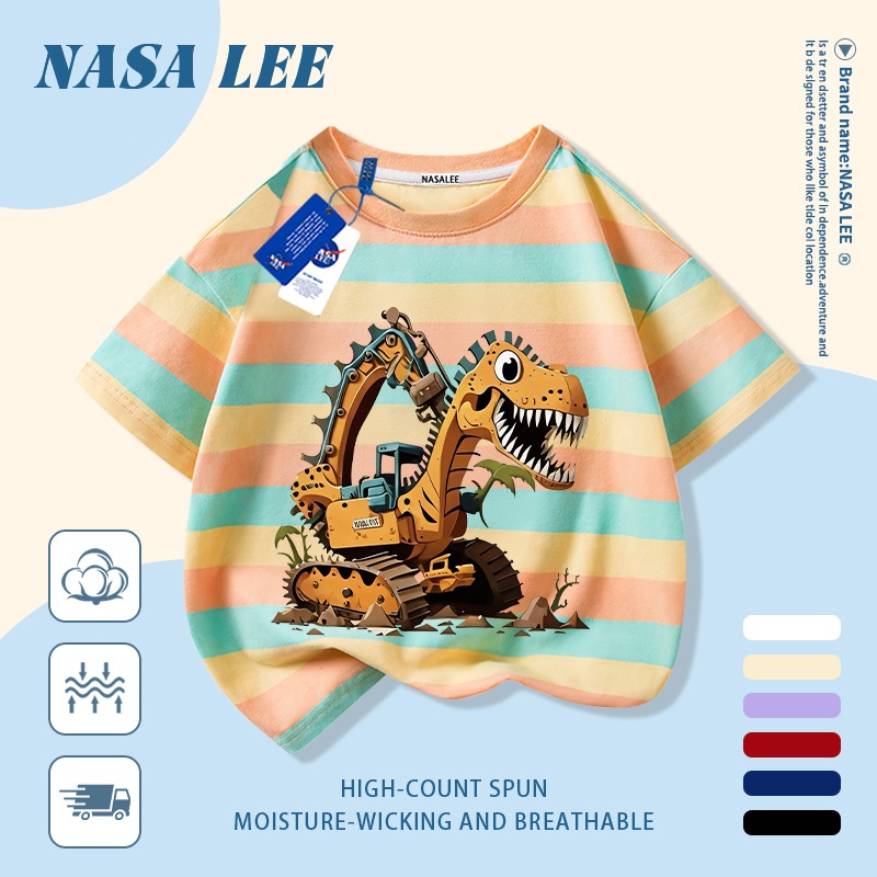 【Giao hàng trong ngày】 Áo thun trẻ em NASA cotton trắng thoáng khí in hình khủng long và máy xúc hoạt hình thời trang, tay ngắn thoải mái cho bé 3-16 tuổi cả trai và gái.