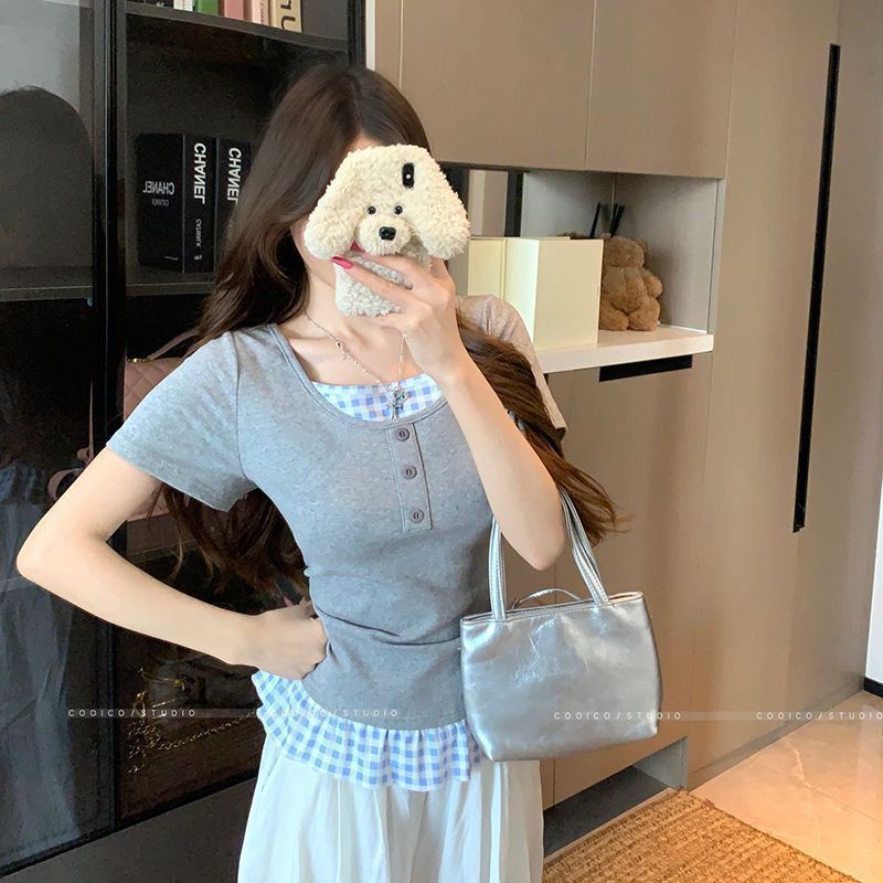Áo thun ngắn tay kẻ sọc nối cho nữ mùa hè mới dáng rộng và giảm béo