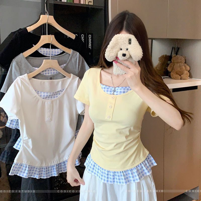 Áo thun ngắn tay kẻ sọc nối cho nữ mùa hè mới dáng rộng và giảm béo