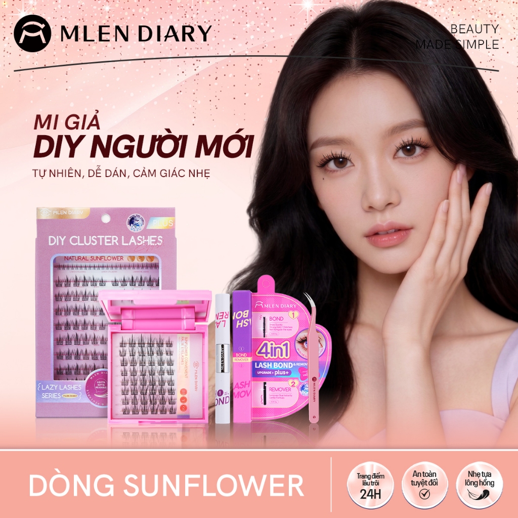 MLEN DIARY Lông Mi Giả Sunflower 120 Cụm (9-13 mm) - Mi Cụm Tự Nối Tại Nhà, Dáng Mi Tự Nhiên, Độ Cong Chữ C, Có Thể Tái Sử Dụng