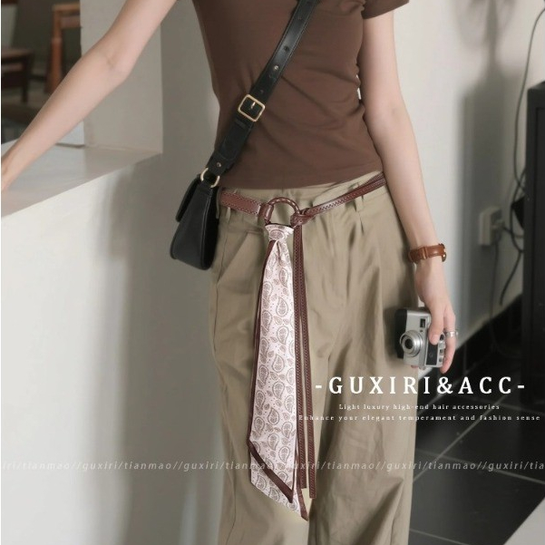 Thắt lưng khăn choàng Satin màu cà phê kiểu Mỹ Retro