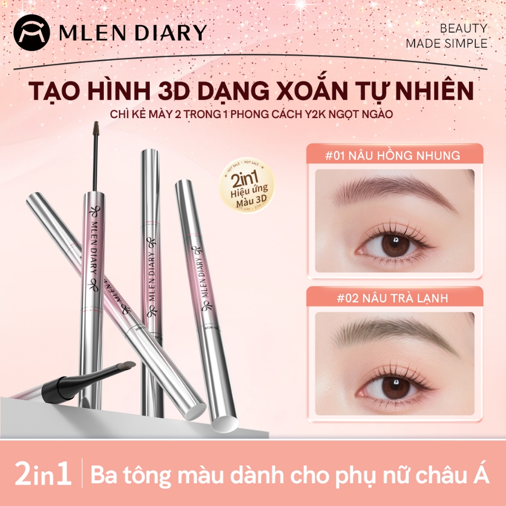 MLEN DIARY Bút chì kẻ lông mày 2 trong 1 chống thấm nước và mồ hôi, giúp nuôi dưỡng lông mày