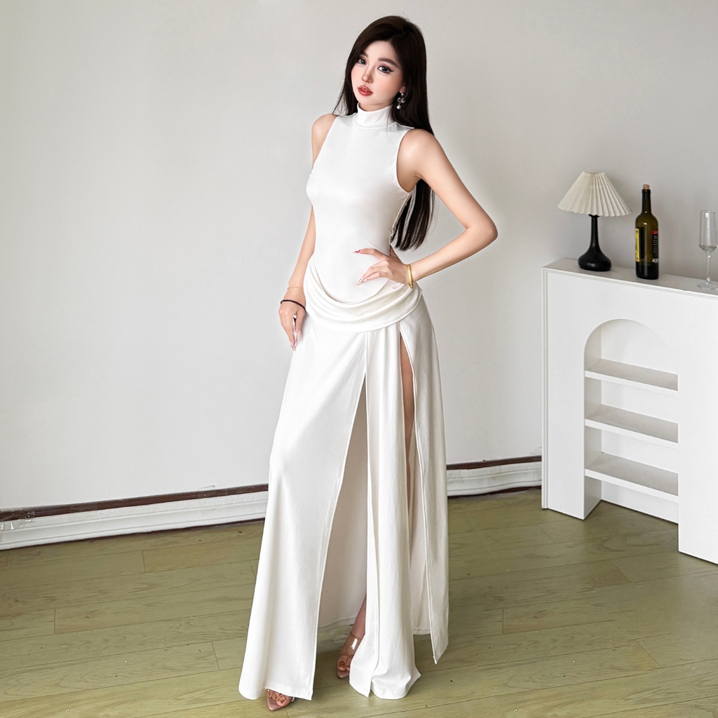 CuteNew Đầm Maxi Xếp Ly Tay Mock Cổ Phong Cách Pháp, Thích Hợp Mùa Hè