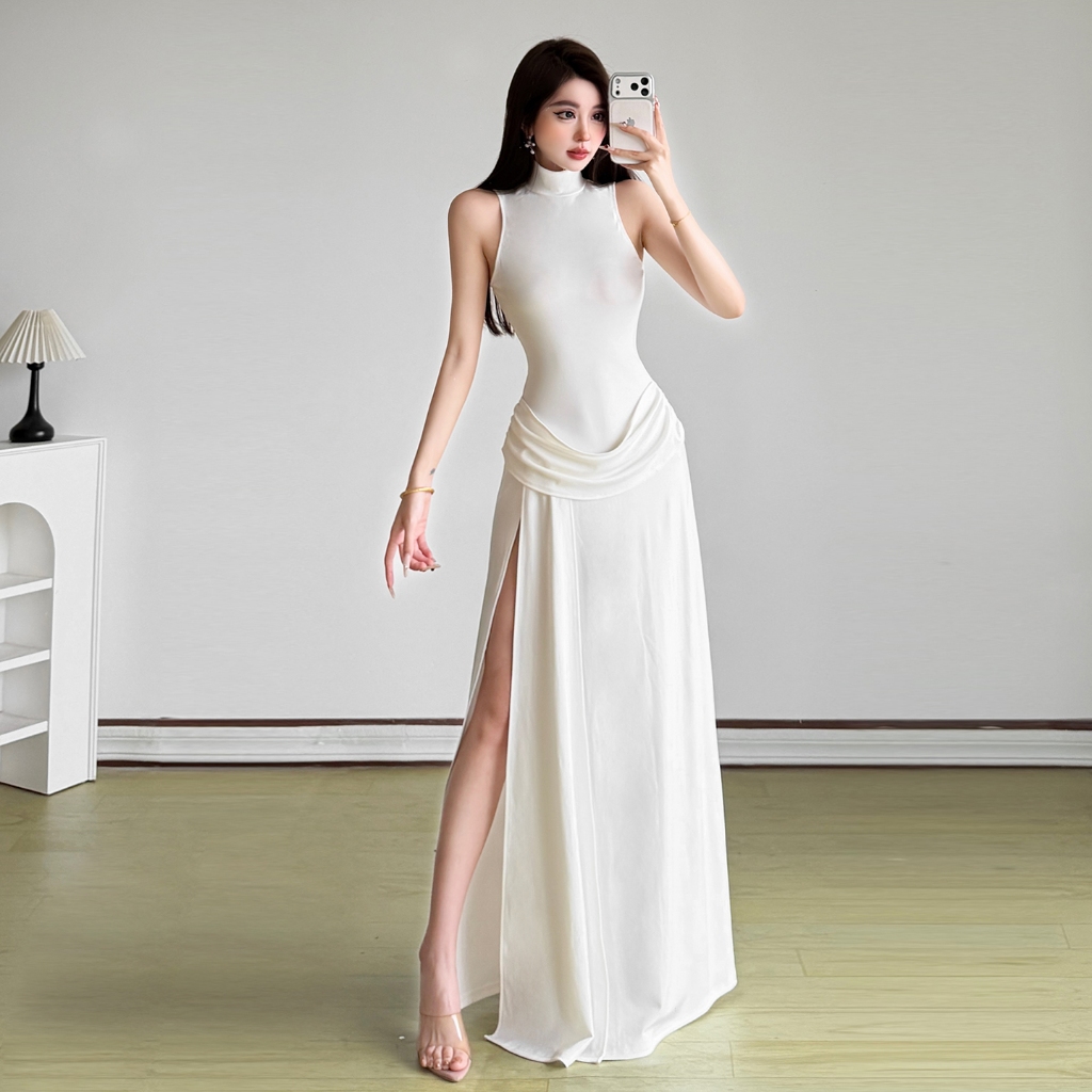 CuteNew Đầm Maxi Xếp Ly Tay Mock Cổ Phong Cách Pháp, Thích Hợp Mùa Hè