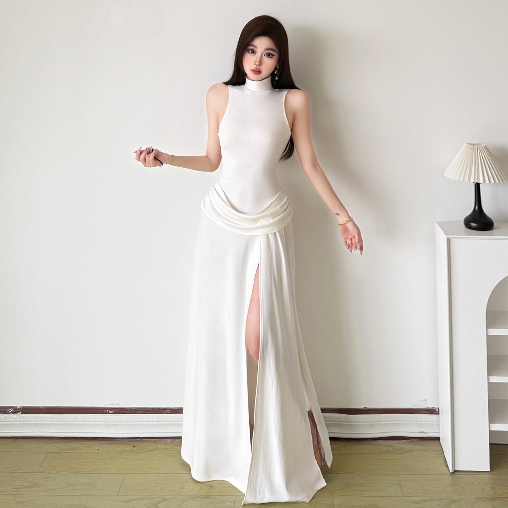 CuteNew Đầm Maxi Xếp Ly Tay Mock Cổ Phong Cách Pháp, Thích Hợp Mùa Hè
