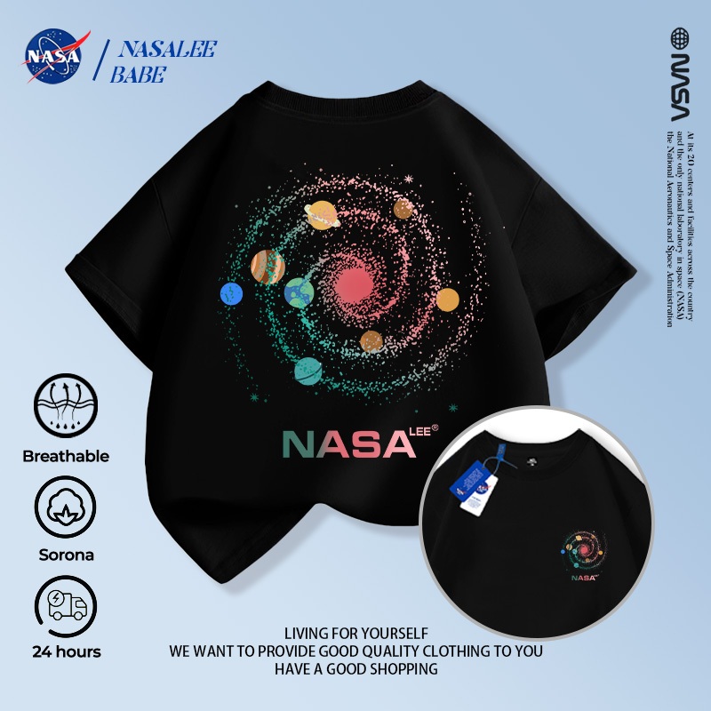 Áo thun tay ngắn phong cách NASA với thiết kế trendy, chất liệu 100% cotton thoáng mát cho bé trai và bé gái mùa hè.
