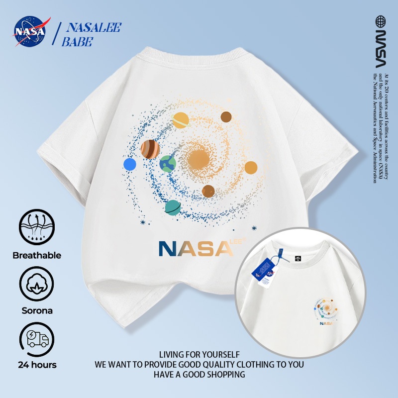 Áo thun tay ngắn phong cách NASA với thiết kế trendy, chất liệu 100% cotton thoáng mát cho bé trai và bé gái mùa hè.