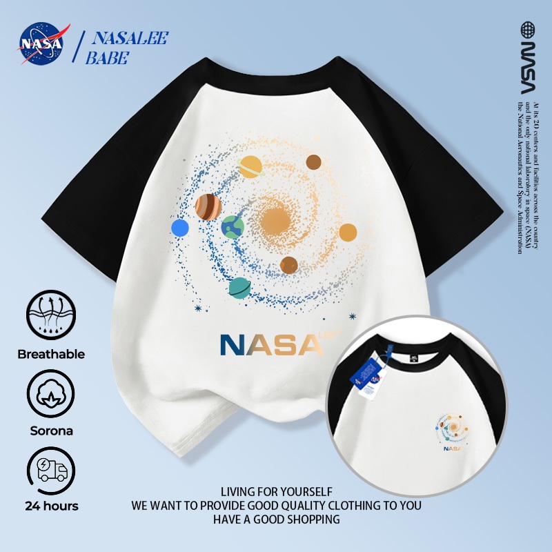Áo thun tay ngắn phong cách NASA với thiết kế trendy, chất liệu 100% cotton thoáng mát cho bé trai và bé gái mùa hè.