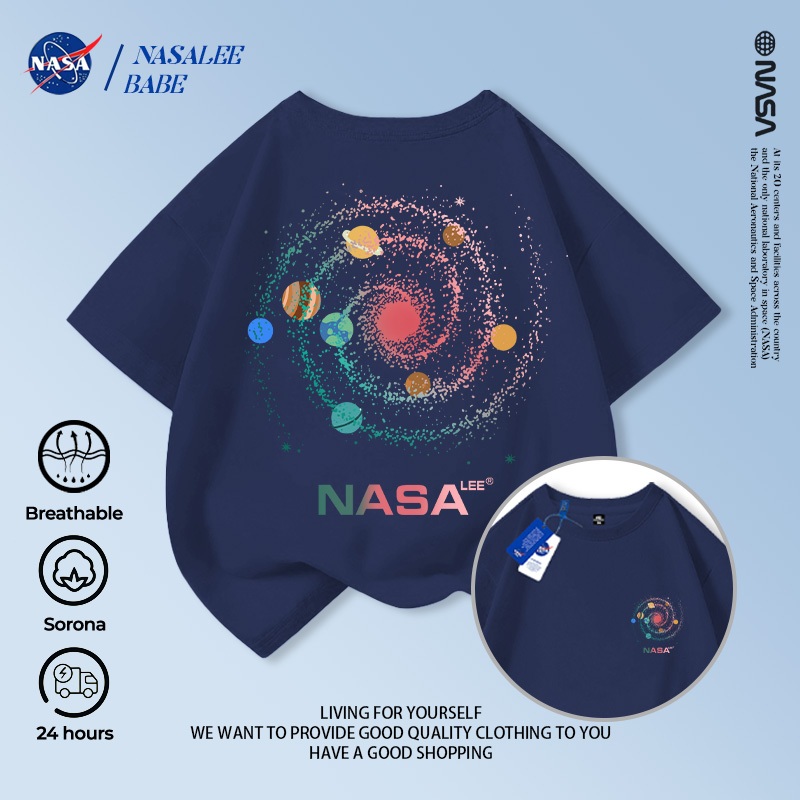 Áo thun tay ngắn phong cách NASA với thiết kế trendy, chất liệu 100% cotton thoáng mát cho bé trai và bé gái mùa hè.