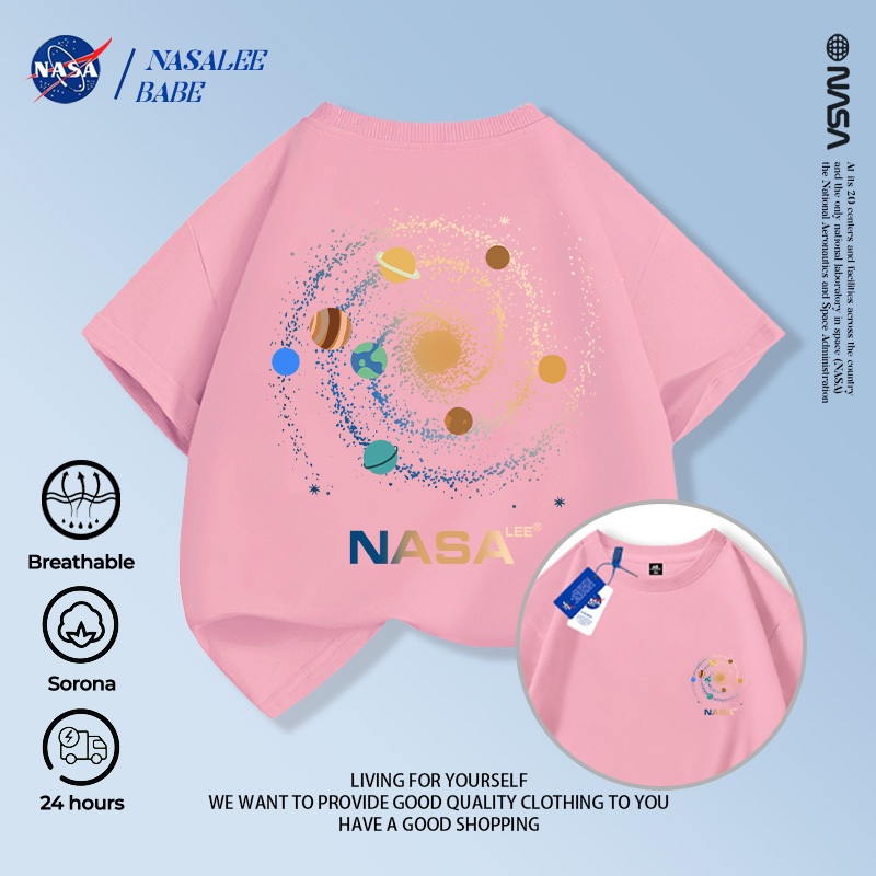 Áo thun tay ngắn phong cách NASA với thiết kế trendy, chất liệu 100% cotton thoáng mát cho bé trai và bé gái mùa hè.
