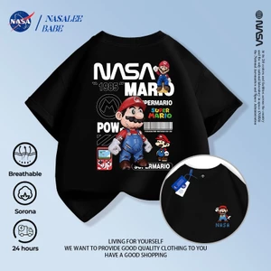 Áo thun tay ngắn in họa tiết NASA x Mario chất liệu 100% cotton thoáng mát cho bé trai bé gái mùa hè