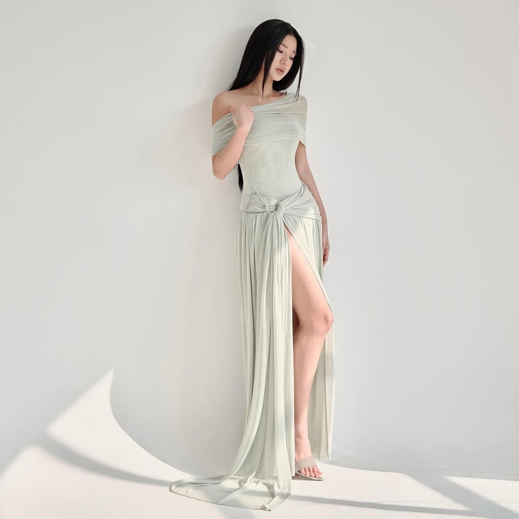 Đầm maxi mỏng cổ chéo, thiết kế ruy băng, phong cách Pháp lãng mạn cho mùa hè