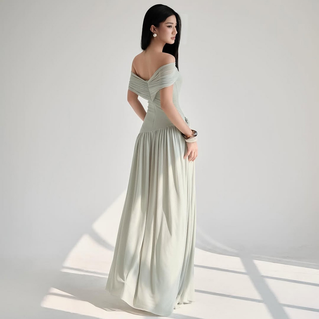 Đầm maxi mỏng cổ chéo, thiết kế ruy băng, phong cách Pháp lãng mạn cho mùa hè