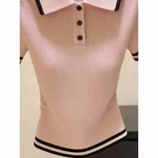 Áo Polo nữ phong cách Hàn Quốc, màu hồng, cổ áo dệt kim ngắn tay, dáng slim-fit