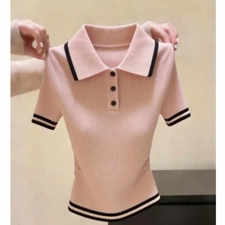 Áo Polo nữ phong cách Hàn Quốc, màu hồng, cổ áo dệt kim ngắn tay, dáng slim-fit