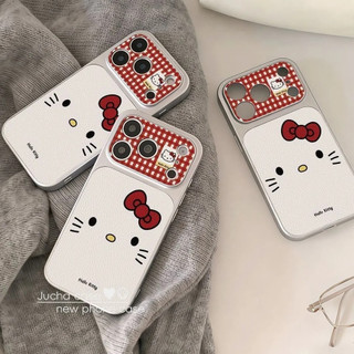 Phim hoạt hình dễ thương Kẻ sọc đỏ Nơ Hellokitty Vỏ điện thoại da trắng mạ điện cho iPhone 17Promax 17Pro 12 13 14 15 16 Pro Max 11 Vỏ di động nữ chống sốc