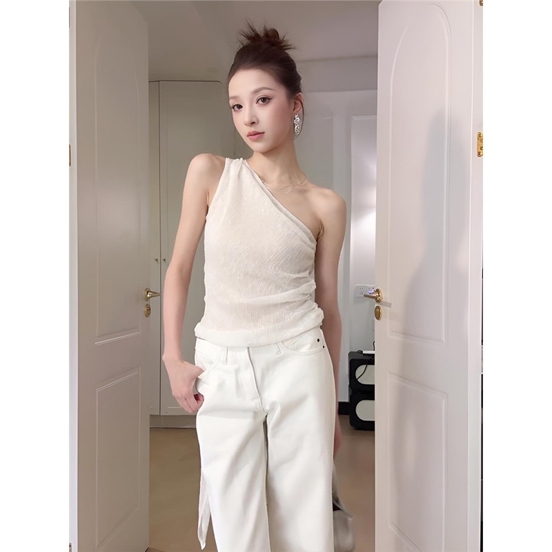 Áo vest nữ không tay hở vai màu trắng với dây ruy băng bất đối xứng, phù hợp mùa hè