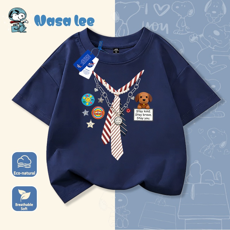 Áo thun NASA trẻ em trai Cotton 100% tay ngắn – Họa tiết cà vạt dễ thương (Fake Layer) Hè 2026