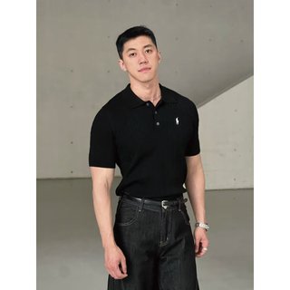 Mỹ Retro Thêu Áo Sơ Mi polo Nam Mùa Hè Màu Xám Rời Ve Áo Ngắn Tay Dệt Kim Hàng Đầu Nam