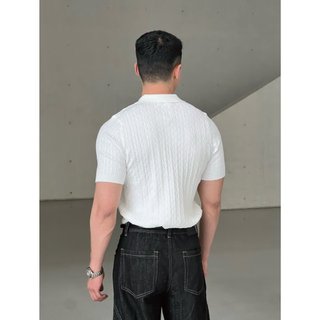 Mỹ Retro Thêu Áo Sơ Mi polo Nam Mùa Hè Màu Xám Rời Ve Áo Ngắn Tay Dệt Kim Hàng Đầu Nam