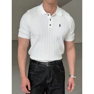 Mỹ Retro Thêu Áo Sơ Mi polo Nam Mùa Hè Màu Xám Rời Ve Áo Ngắn Tay Dệt Kim Hàng Đầu Nam