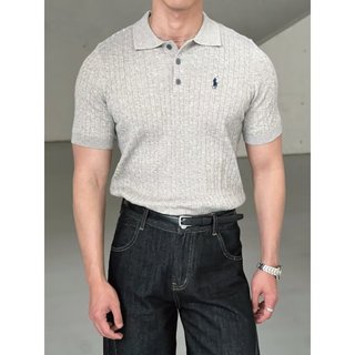 Mỹ Retro Thêu Áo Sơ Mi polo Nam Mùa Hè Màu Xám Rời Ve Áo Ngắn Tay Dệt Kim Hàng Đầu Nam