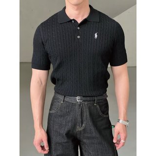 Mỹ Retro Thêu Áo Sơ Mi polo Nam Mùa Hè Màu Xám Rời Ve Áo Ngắn Tay Dệt Kim Hàng Đầu Nam