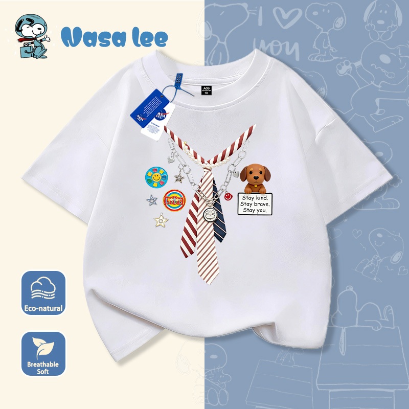 Áo thun NASA trẻ em trai Cotton 100% tay ngắn – Họa tiết cà vạt dễ thương (Fake Layer) Hè 2026