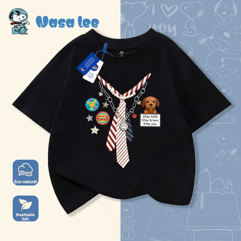Áo thun NASA trẻ em trai Cotton 100% tay ngắn – Họa tiết cà vạt dễ thương (Fake Layer) Hè 2026