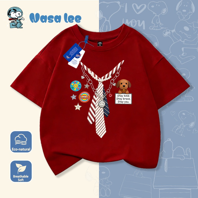 Áo thun NASA trẻ em trai Cotton 100% tay ngắn – Họa tiết cà vạt dễ thương (Fake Layer) Hè 2026