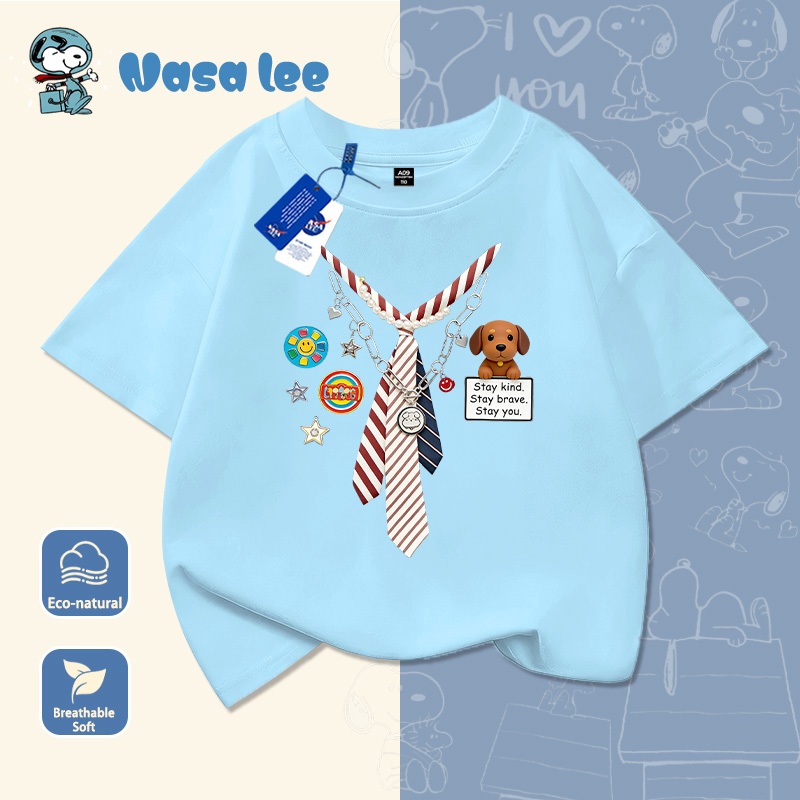 Áo thun NASA trẻ em trai Cotton 100% tay ngắn – Họa tiết cà vạt dễ thương (Fake Layer) Hè 2026