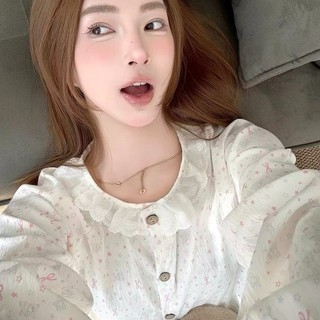 Bộ đồ ngủ nữ ngôi sao ngọt ngào, viền ren dài tay - Phù hợp bộ quần áo gia đình