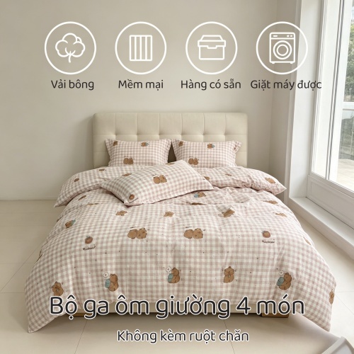 Bộ 4 món chăn ga ôm 100% cotton hàng sẵn kho, size đầy đủ, mềm mại thân da, dùng 4 mùa, thoáng khí, giặt máy không phai màu