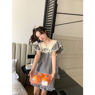 Bộ đồ ngủ kẻ sọc tay Xiaofei dành cho nữ viền ren Bộ quần áo gia đình thông thường