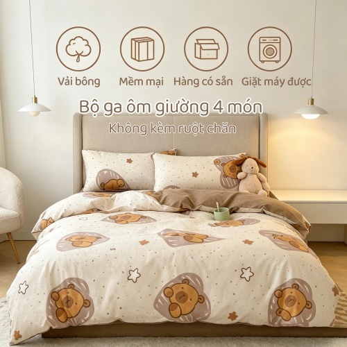 Chăn ga ôm 4 món 100% cotton tự nhiên, size đầy đủ, hàng sẵn kho, mềm mại, thoáng mát, dễ giặt không phai màu
