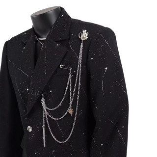 Áo vest blazer nam đen in sao có dây chuỗi trang trí, áo khoác phong cách Hàn y2k cá tính hàng ngày