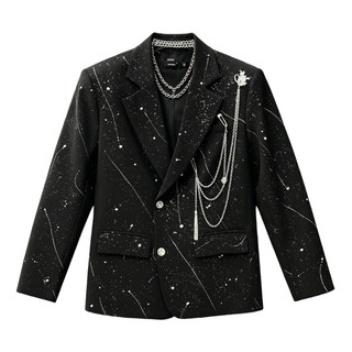 Áo vest blazer nam đen in sao có dây chuỗi trang trí, áo khoác phong cách Hàn y2k cá tính hàng ngày