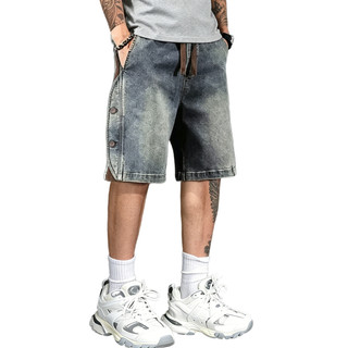 Short jean nam rộng suông wash xanh phối vải kẻ sọc bên hông, short hè nam có nút trang trí thời trang hàng ngày