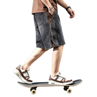 Short jean nam rộng suông wash xanh phối vải kẻ sọc bên hông, short hè nam có nút trang trí thời trang hàng ngày