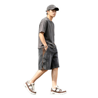 Short jean nam rộng suông wash xanh phối vải kẻ sọc bên hông, short hè nam có nút trang trí thời trang hàng ngày