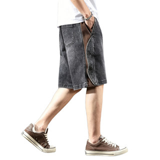 Short jean nam rộng suông wash xanh phối vải kẻ sọc bên hông, short hè nam có nút trang trí thời trang hàng ngày