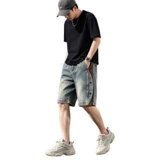 Short jean nam rộng suông wash xanh phối vải kẻ sọc bên hông, short hè nam có nút trang trí thời trang hàng ngày