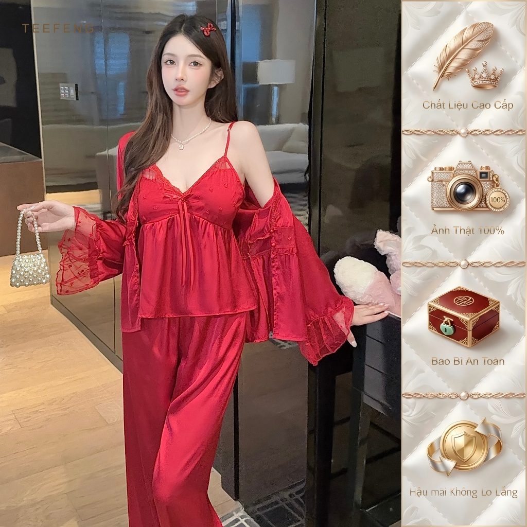 TEEFENG Bộ Đồ Ngủ Ba Mảnh Ren Lụa Cao Cấp Phong Cách Sang Trọng Sling Mỏng Mùa Hè Mặc Nhà