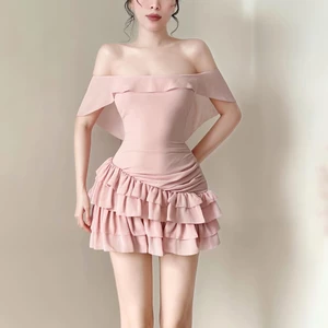 Cutenew Cổ Chém Mỏng Bánh Váy Lưới Chắp Vá Hình Eo Nhìn Ôm Hơn Nữ Mùa Hè Pháp Nhẹ Nhàng Phong Cách
