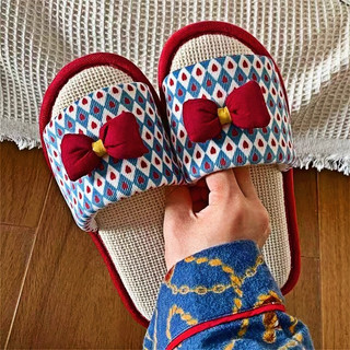 Hộ Gia Đình Cổ Tích Phong Cách Thời Trang Nơ Vải Lanh Cotton Dép Nữ Bốn Mùa Đa Năng Nhà Chống Trơn Trượt Đế Mềm Vải Lanh Dép