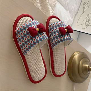 Hộ Gia Đình Cổ Tích Phong Cách Thời Trang Nơ Vải Lanh Cotton Dép Nữ Bốn Mùa Đa Năng Nhà Chống Trơn Trượt Đế Mềm Vải Lanh Dép