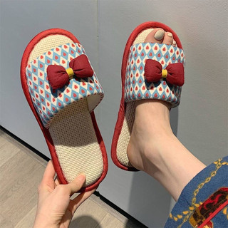Hộ Gia Đình Cổ Tích Phong Cách Thời Trang Nơ Vải Lanh Cotton Dép Nữ Bốn Mùa Đa Năng Nhà Chống Trơn Trượt Đế Mềm Vải Lanh Dép