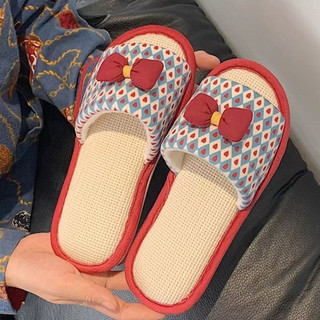 Hộ Gia Đình Cổ Tích Phong Cách Thời Trang Nơ Vải Lanh Cotton Dép Nữ Bốn Mùa Đa Năng Nhà Chống Trơn Trượt Đế Mềm Vải Lanh Dép