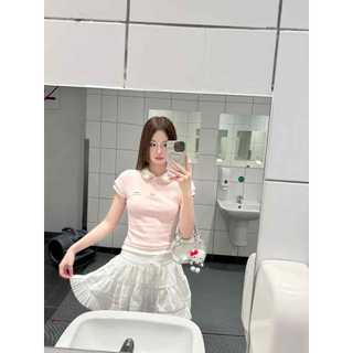 Áo polo nữ phong cách Hàn Quốc, họa tiết kim cương giả, cổ áo thun, form slim-fit, phù hợp mặc mùa hè