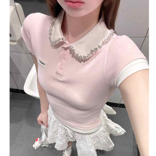 Áo polo nữ phong cách Hàn Quốc, họa tiết kim cương giả, cổ áo thun, form slim-fit, phù hợp mặc mùa hè